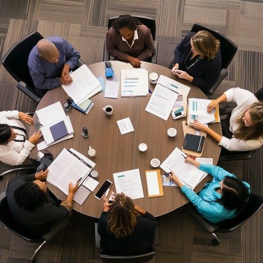 Overhead view of a diverse team collaborating around a round wooden conference table.